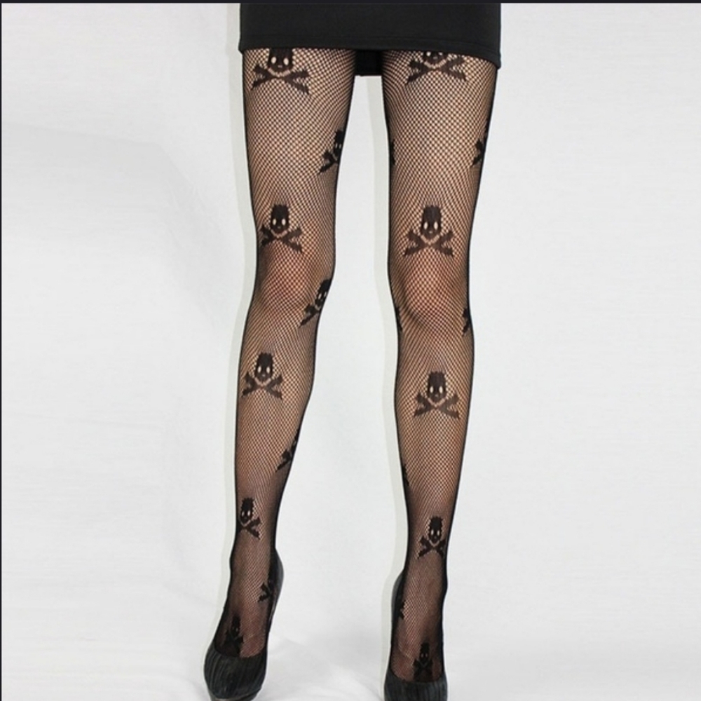 Skull & Crossbones Fishnet Hose Black OSFM - Picture 3 of 6
